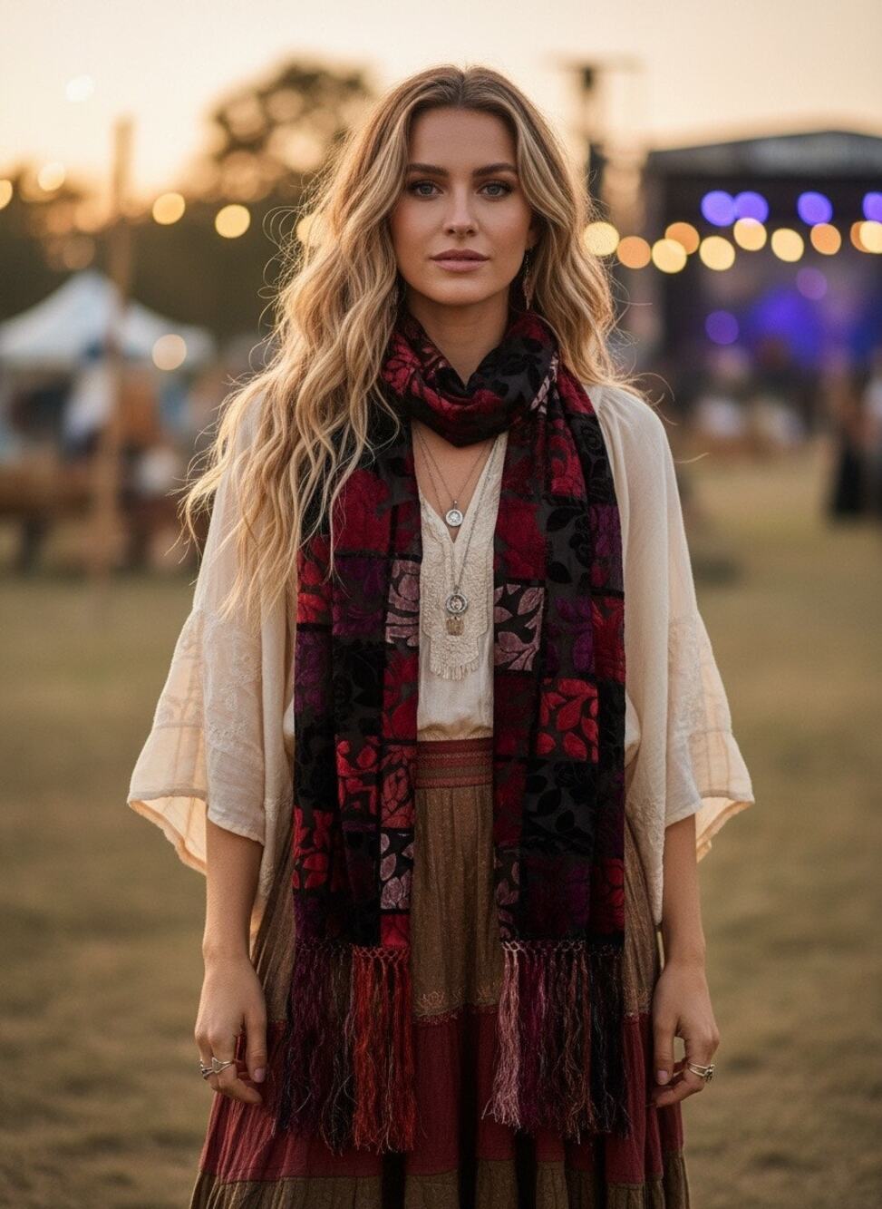 Vintage Velvet Burnout Floral Fringe Scarf